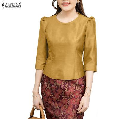 Women Casual Round Neck Solid Color 3/4 Sleeve Blouse