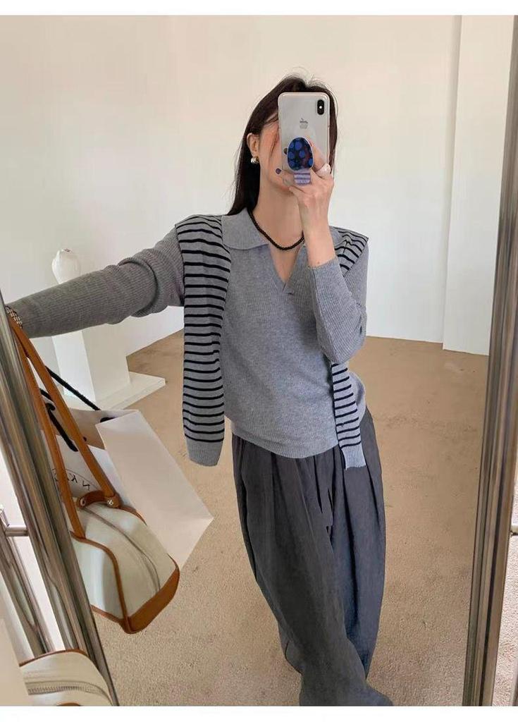 Women's Grey Striped Slim-Fit Long Sleeve Sweater, Autumn 2025 Collection