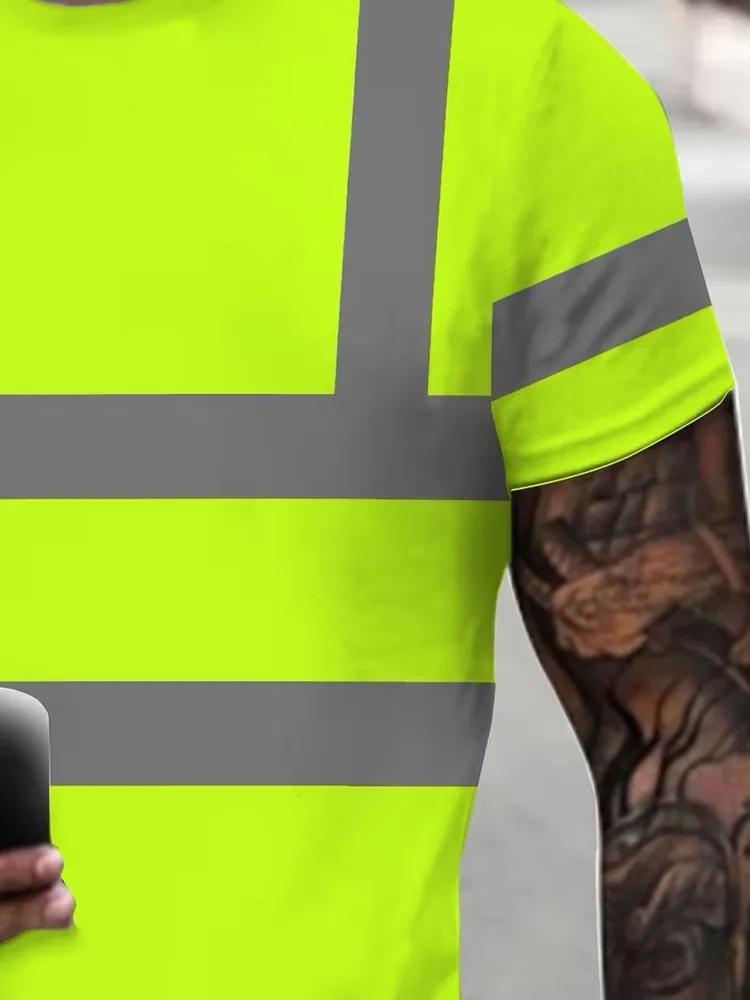 Herren Neon Gelbes Arbeits-T-Shirt, Reflektierendes Sicherheitsband-Design, Atmungsaktiv, Kurzarm für Außen- und Industriegebrauch