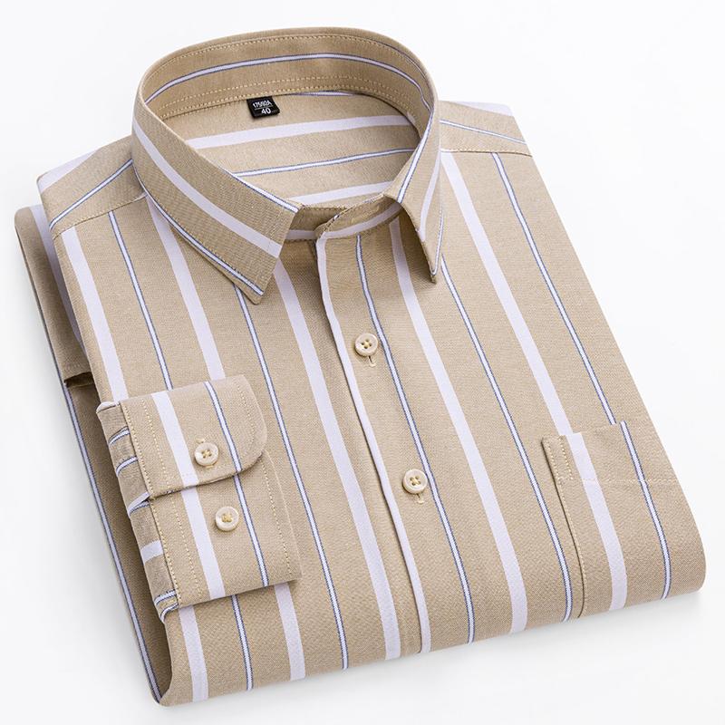 Men's Shirt Long Sleeve 100% Pure Cotton Oxford Dress Shirts Striped Regular Fit Casual Soft Male Blouse Clothing 11XL 10XL 9XL
