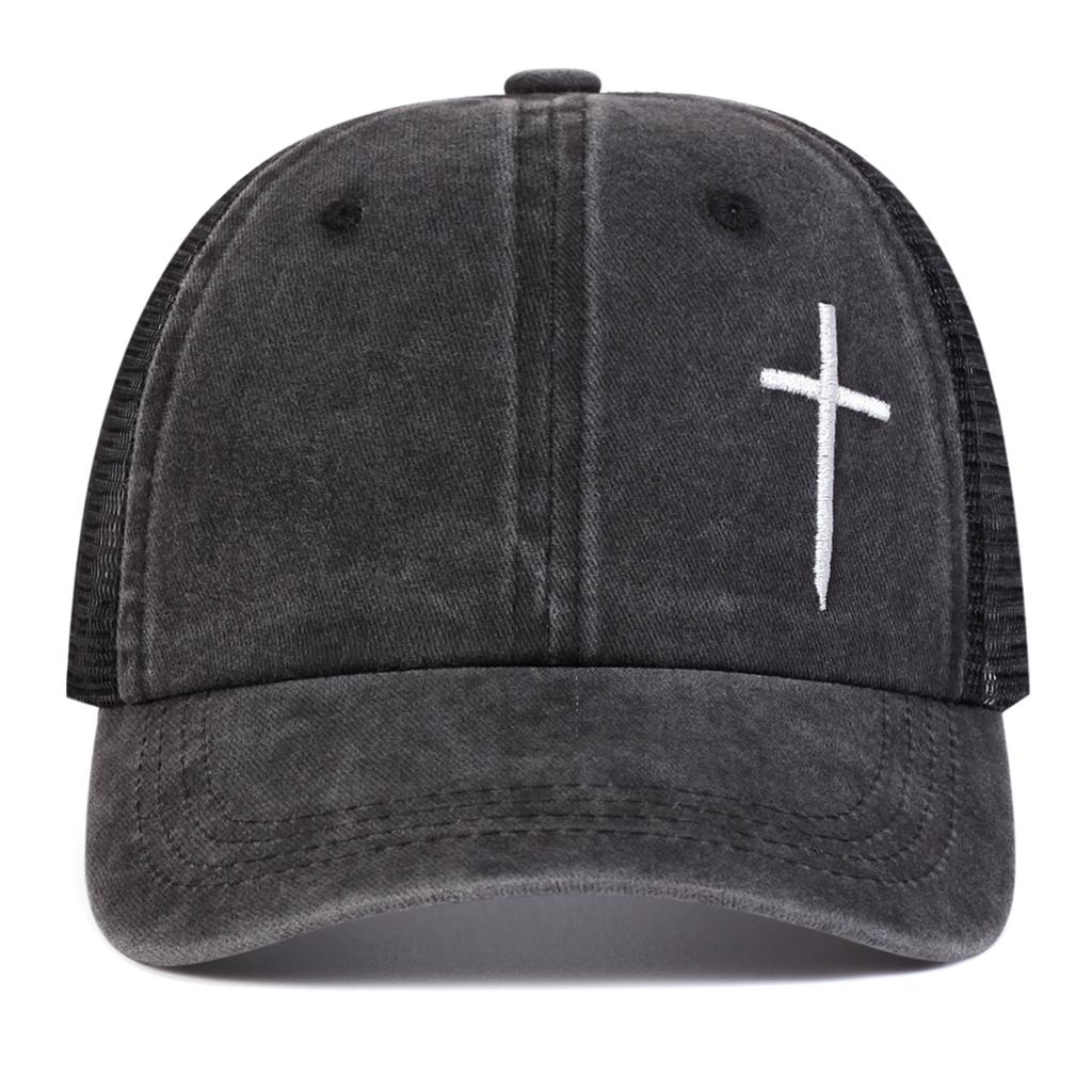 Unisex Cross Embroidery Washed Baseball Net Caps Spring and Summer Outdoor Adjustable Casual Hats Sunscreen Hat