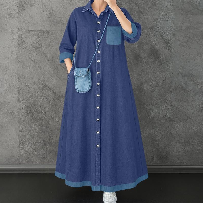 ZANZEA Dámské ležérní šaty s límečkem s volným dlouhým rukávem