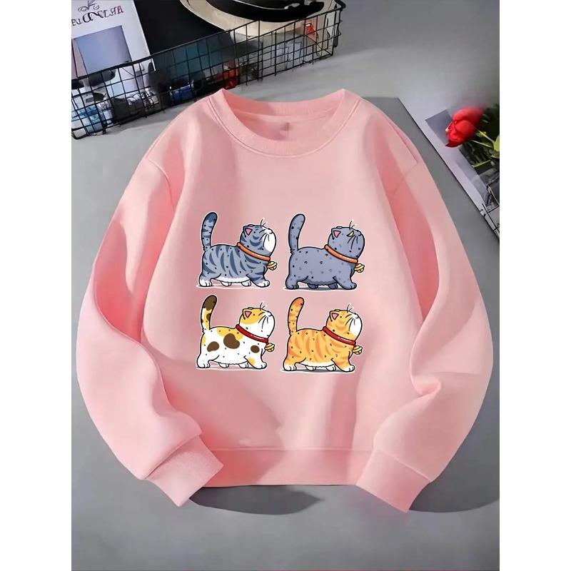 Kids Crewneck Sweatshirt, Adorable Collared Cats Graphic Print,Spring Autumn Casual Sport Tops