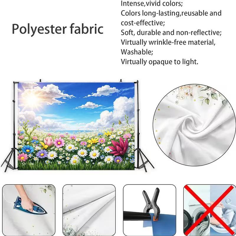 2D Spring Nature Backdrop, Colorful Daisy Flower Field with Sunny Sky Background