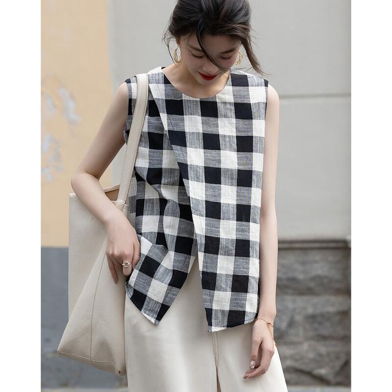 Demana Women's Retro Plaid Sleeveless Cotton Shirt