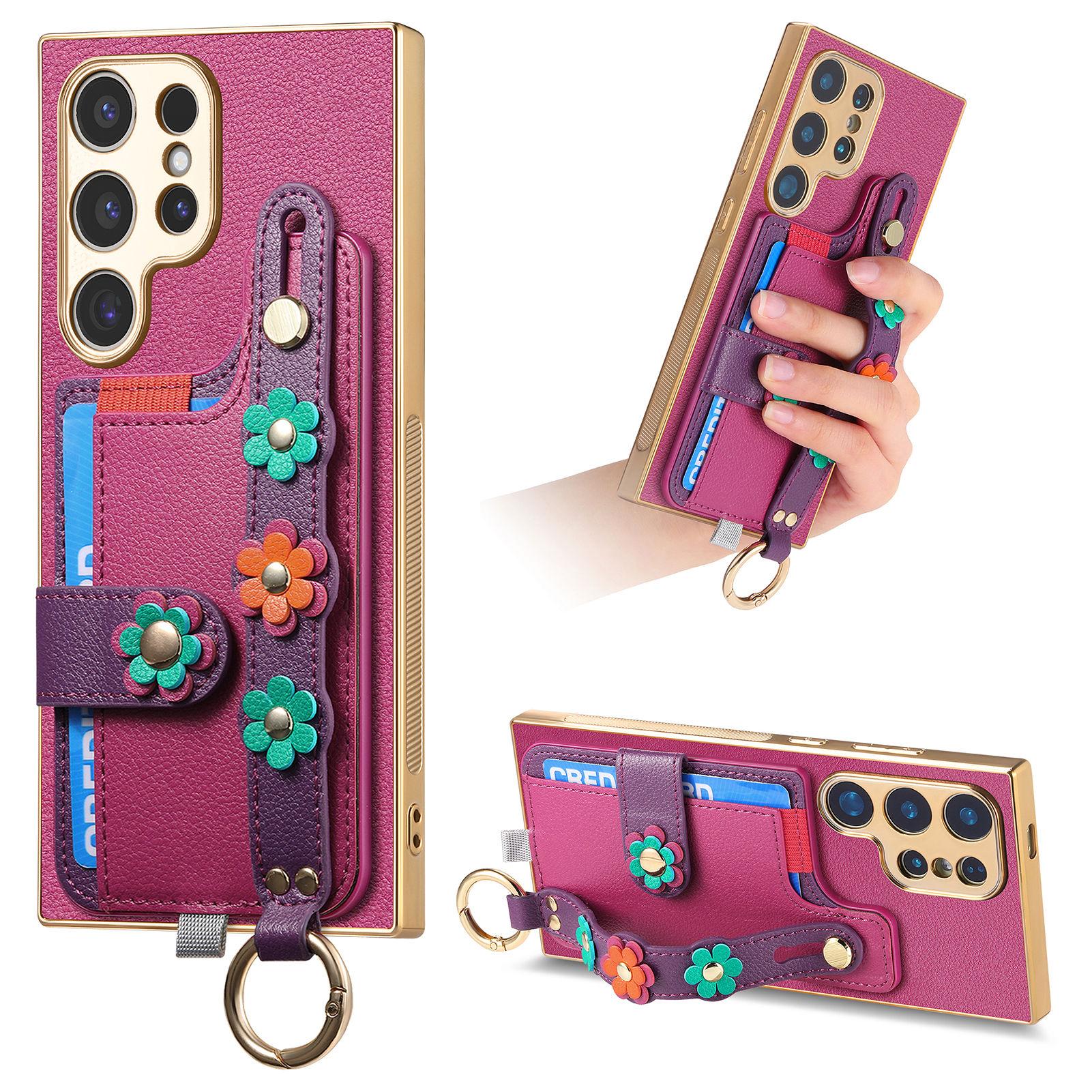 

For Samsung Galaxy S25 Ultra Case with Card Holder Wristband Leather Back Cover 3D Flower Design Purple