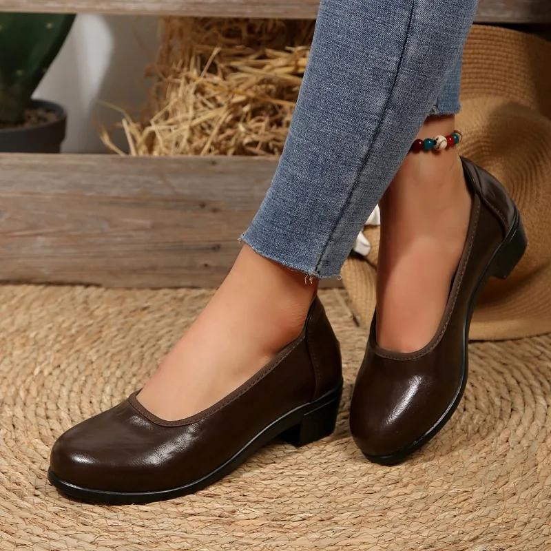 Plus Size 2025 Slip On Women's High Heels Classics Round Toe Med Heel Shallow Pumps for Concise Daily Office & Career