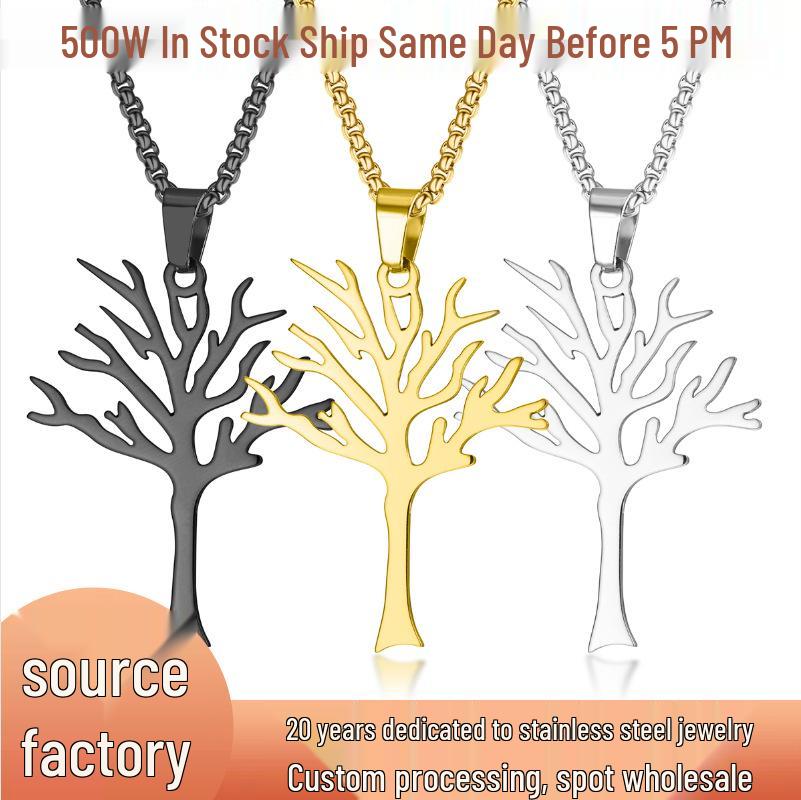 World Peace Tree of Life Necklace - Stainless Steel & Titanium Square Pearl Pendant Silver Tree & Square Pearl