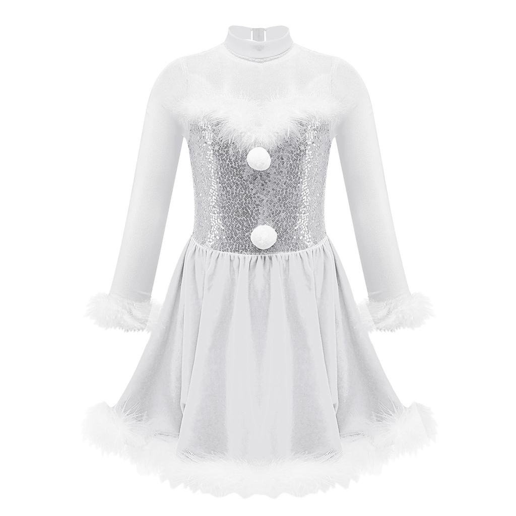 Robe de Danse à Paillettes Brillantes de Noël pour Filles Manches Longues Plume Dos Trou de Serrure Combinaison Robe Costume de Performance