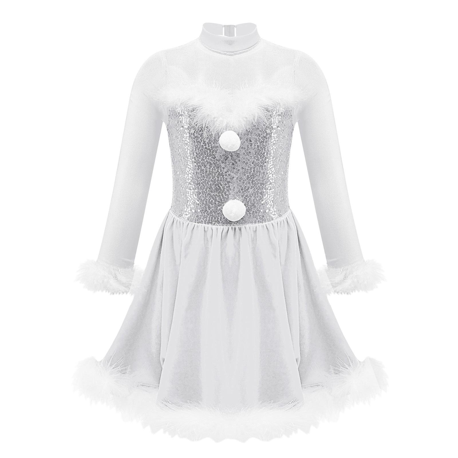 

Girls Christmas Shiny Sequin Dance Dress Long Sleeve Feather Keyhole Back Jumpsuit Dress Performance Costume 5-6 Years
