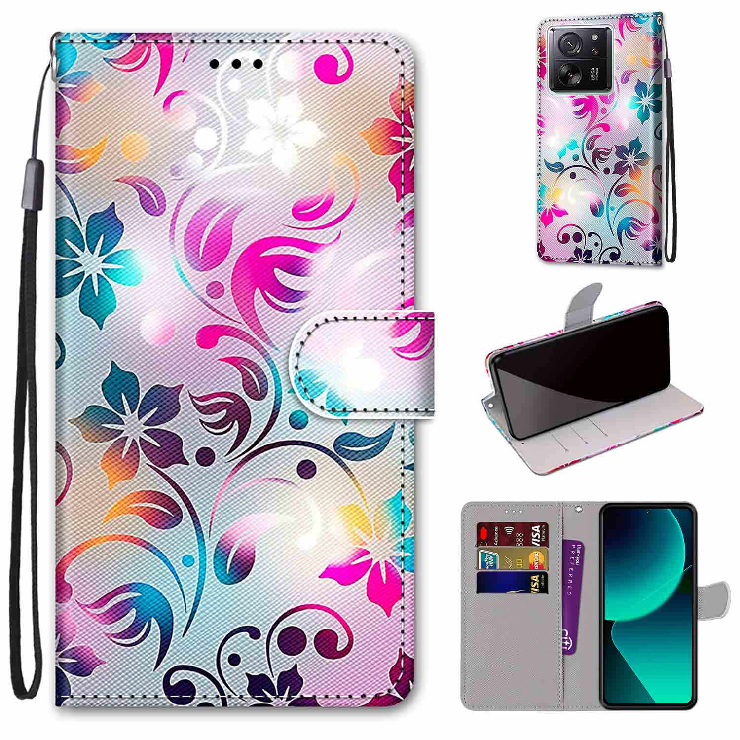 

Модный расписной узорный чехол-книжка с ремешком для iPhone Samsung Huawei Honor Xiaomi Redmi OPPO Realme Moto Asus Honor X8A