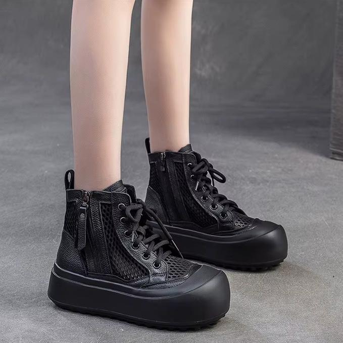 Johnature Retro Breathable Mesh Hollow Out Boots Genuine Leather Women's Flat Platform Shoes