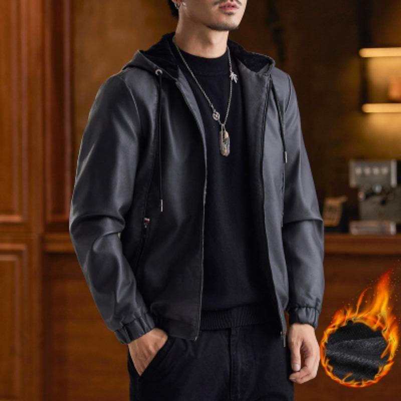 

Zipper Solid Color Pocket Hooded Cardigan Men s Jacket Fashion Pu Leather Casual Fashionable Top L сірий колір
