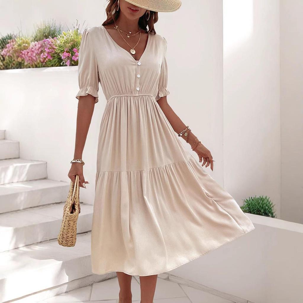 2025 European & American Summer Women's V-neck Solid Color Waist-cinching Dress