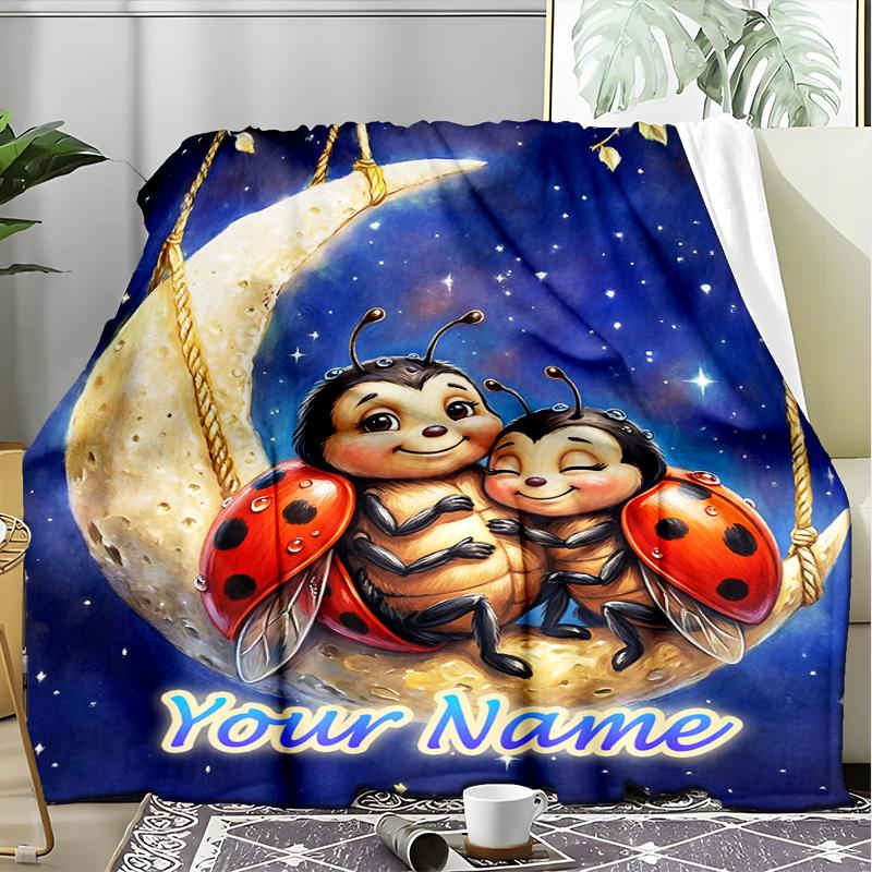 1PC Custom Name Ladybugs Moon flannel blanket versatile,all-season throw suitable for the living room,bedroom,camping,travel,and gift