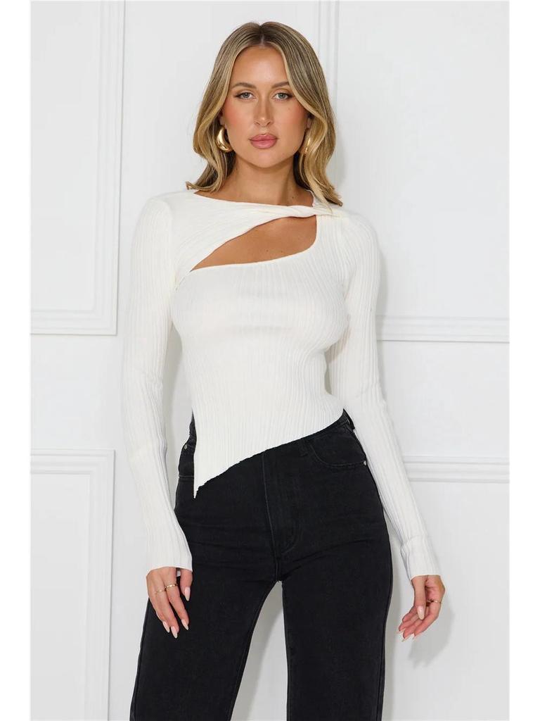 European Women's New Fashion Ribbed Slit T-shirt: Solid Color Autumn Winter Slim Casual Top