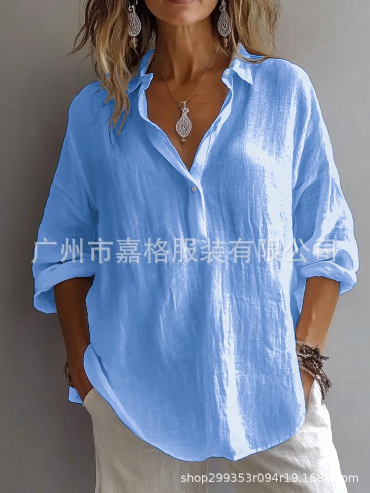 

Spring and Summer, Solid Color Casual Loose Long Sleeve Linen Collar Shirt, Shirt Women 2XL
