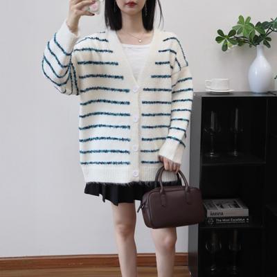 Contrasting Striped Knitted Cardigan Autumn and Winter New V-neck Design Sense Loose Lazy Wind Sweater Jacket Women