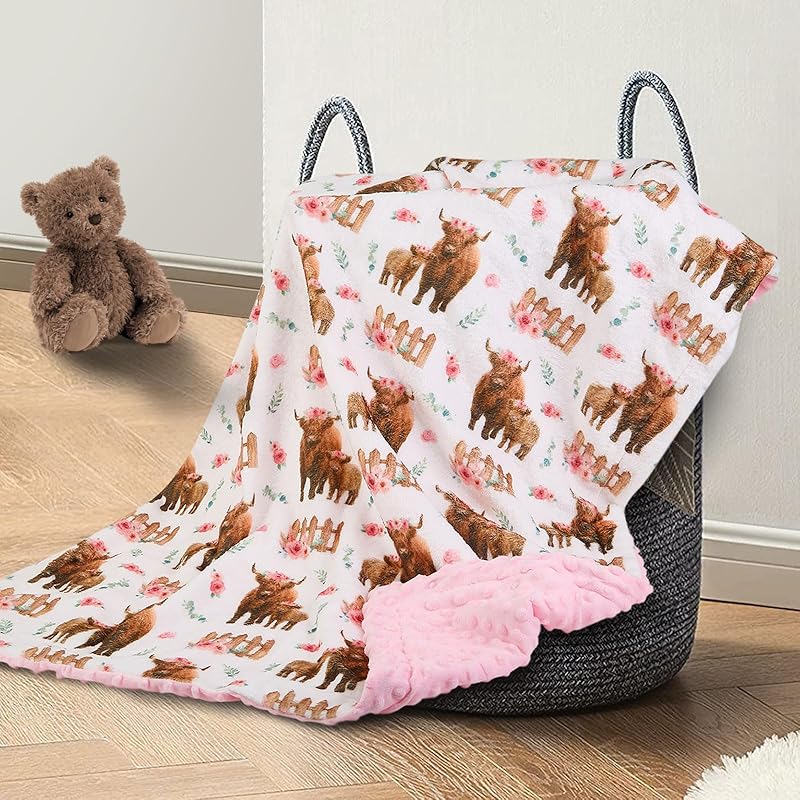 Highland Cow Lovey Baby Blanket for Boys Girls Soft Fleece Minky Blanket with Dotted Backing Double Layer Newborn Toddler Blankie for Nursery Highland Cow Lovey