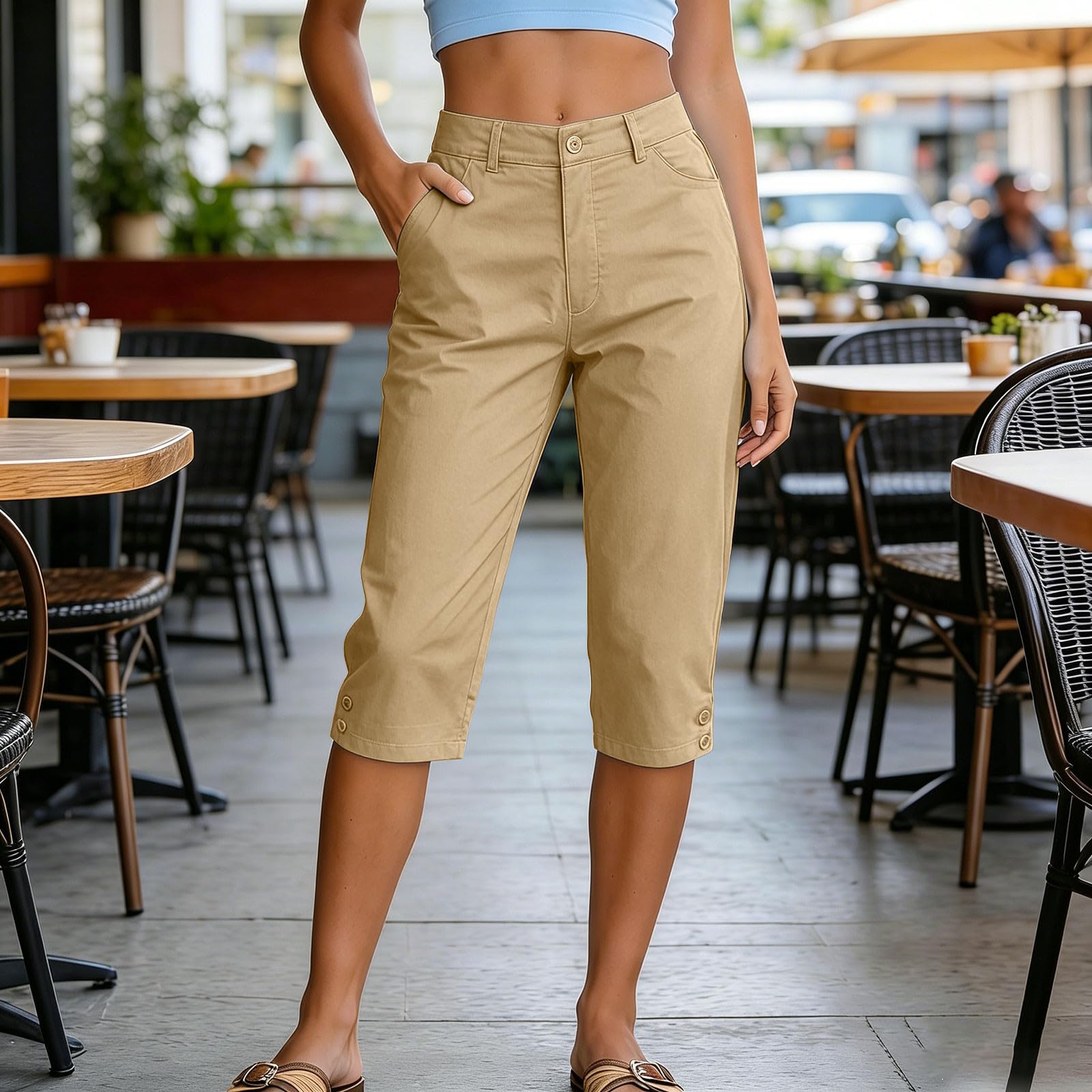 

Women s High Waist Loose Fit Pocketed Wide Leg Hiking Capri Shorts Casual Outdoor Mid Length Bottoms XL хакі