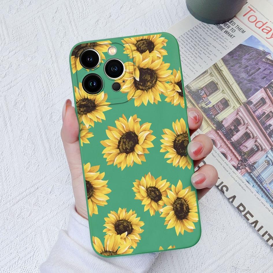 For Apple iPhone 6 7 8 11 12 13 14 15 Pro Max X XS XR SE Phone Case Liquid Soft Silicone Shockproof Cover Sunflower Butterfly For iPhone Shell Bumper