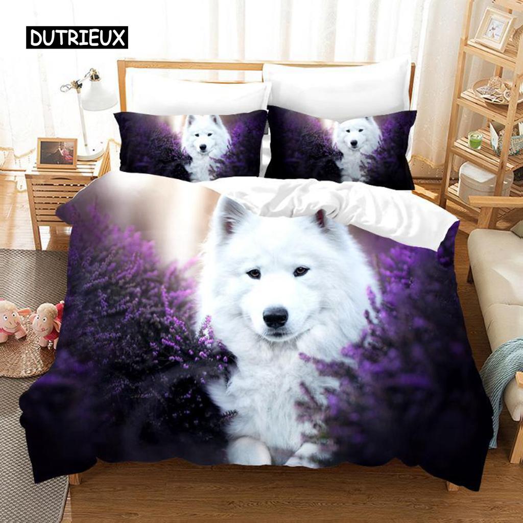 Samoyed Duvet Cover Set Cute Dog Pattern Decor Bedding Set Grass Green for Kids Girls Adults Lovely Animal Polyester Quilt Cover