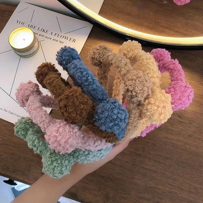 Wool Lamb Hair Band for Women Bear Ears Headband Korean Cute Ins Wide-Brim Candy-Colored Headband Female Hair Accessories