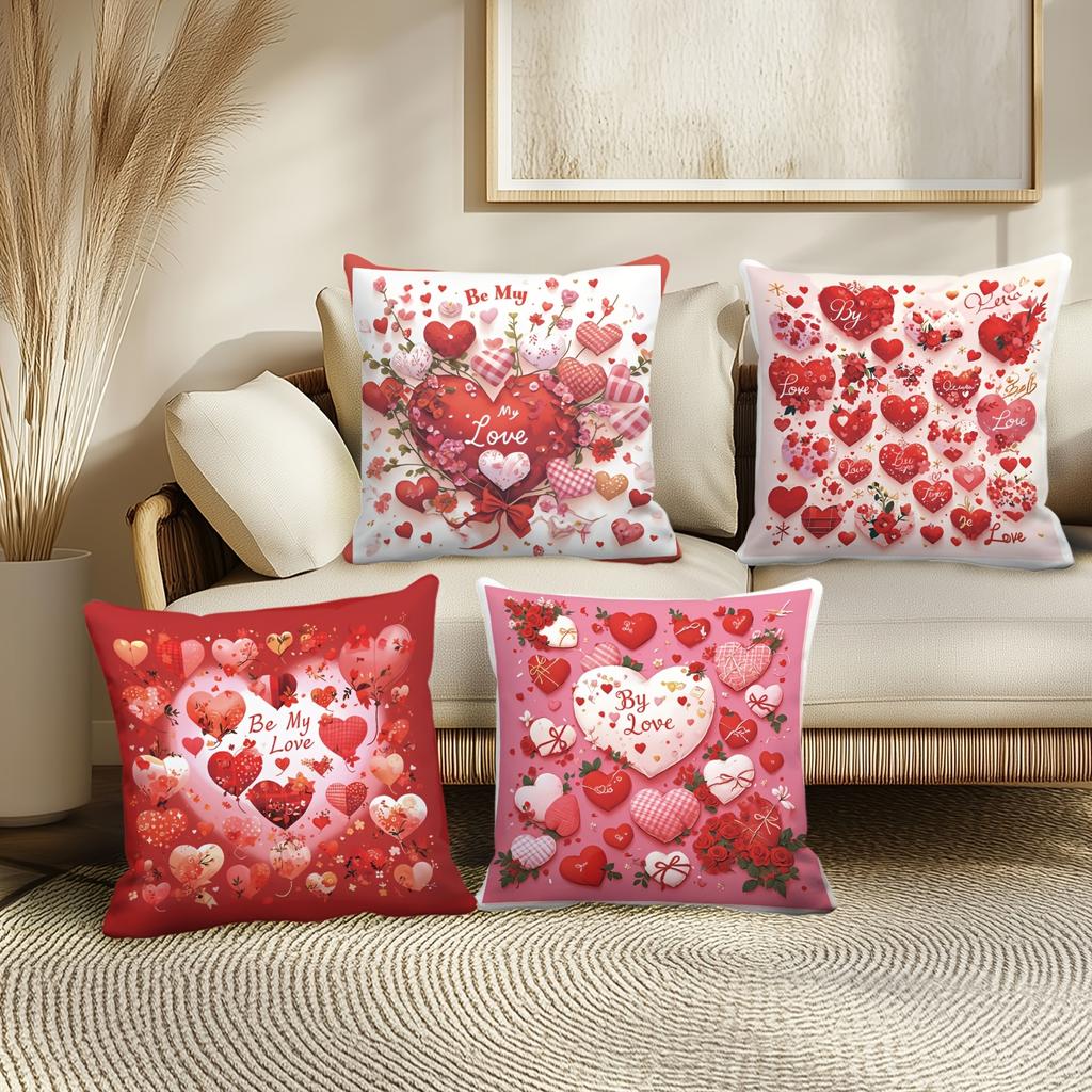 4pcs Valentine'S Day Love Heart Print Throw Pillow Covers, Modern Style, Polyester, Zipper, Machine Washable, 18 x 18 Inches, Single-Sided Print
