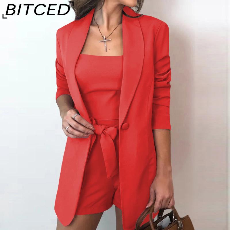 BITCED Spring Summer Solid-color Vest Suit Jacket, Elegant High-waisted Shorts Three-piece Women's Wear