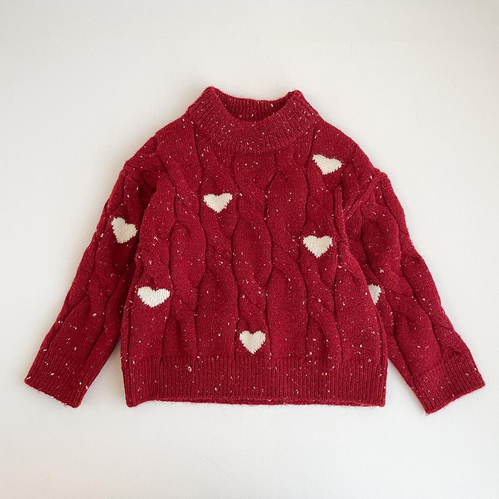 Girls winter red thickened love knitted sweater 2026 winter new baby girl Korean version foreign style pullover sweater