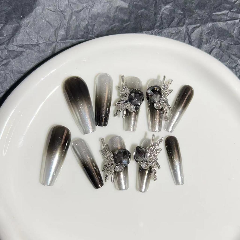 Wearing Armor Pure Handmade Manicure Finished Fake Nail Patch Magic Mirror Black French Metal Angel Wings