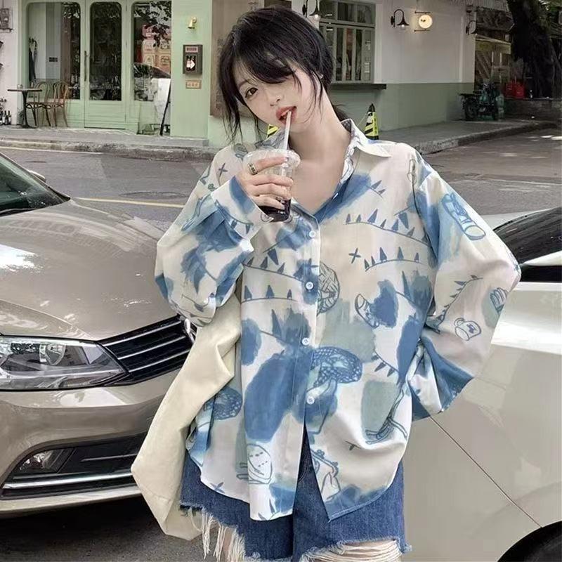 Women's Long Sleeved Shirts Contrast Color Graffiti Printing Versatile Blouses Loose Casual Summer Ladies Jacket