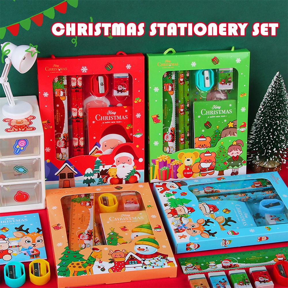 6Pcs Christmas Stationery Gift Set Christmas Party Favors Xmas Stationery Gift Include Cartoon Xmas Notebook Pencil Ruler Eraser