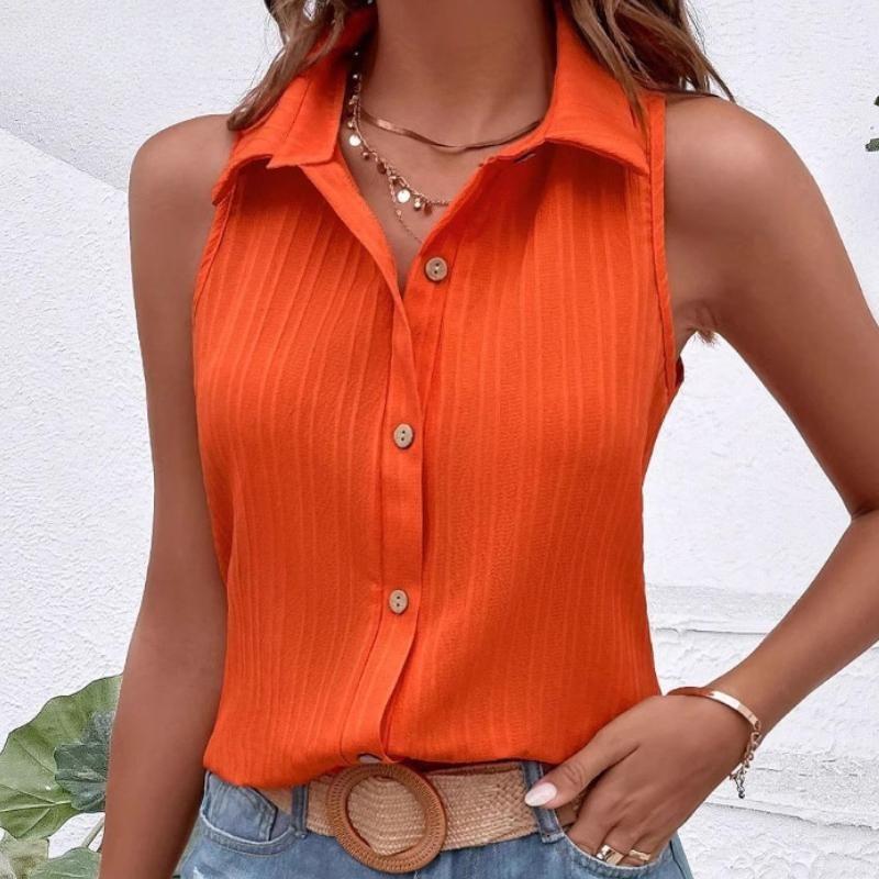 Women's Fashion Casual Spring Summer Solid Color Print Sleeveless POLO Neck Blouses & Shirts