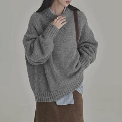 Damski Sweter Dzianinowy w Stylu Retro, Szary, Japoński - Zimowy Okrągły Dekolt, Luźny Krój, Gruby i Przytulny