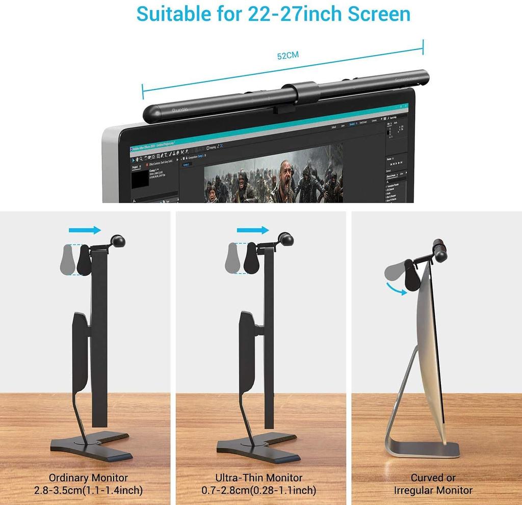 Quntis Bar Light, Desk Light, 52cm, Monitor Light, Hanging USB LED Light, Stepless Color Temperature and Brightness, Eye-Friendly, Space-Saving,
