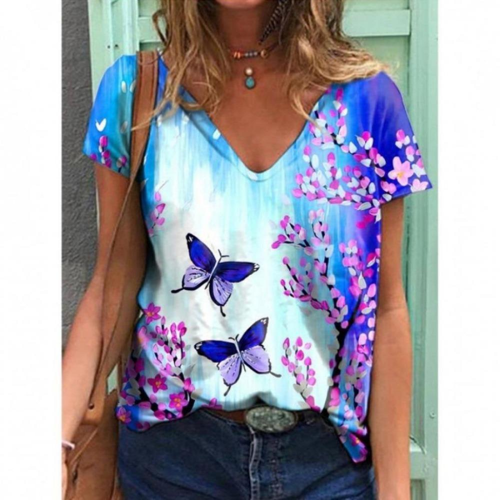 Summer Butterfly Floral T-Shirts 3D Print Women Fashion V-Neck Short Sleeve T Shirt Y2K Casual Tees Harajuku Top Female Clothing