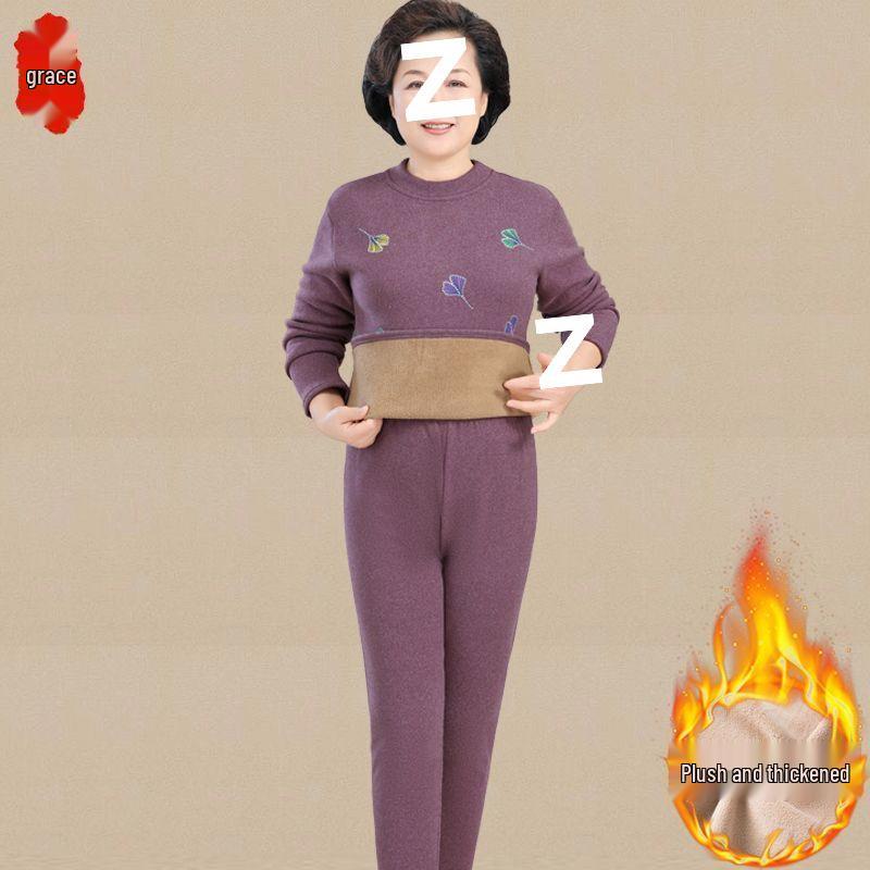Women's Thermal Set for Elderly: Winter Two-Piece, Warm Velvet-Enhanced Underwear, Thickened Autumn Pants & Top.