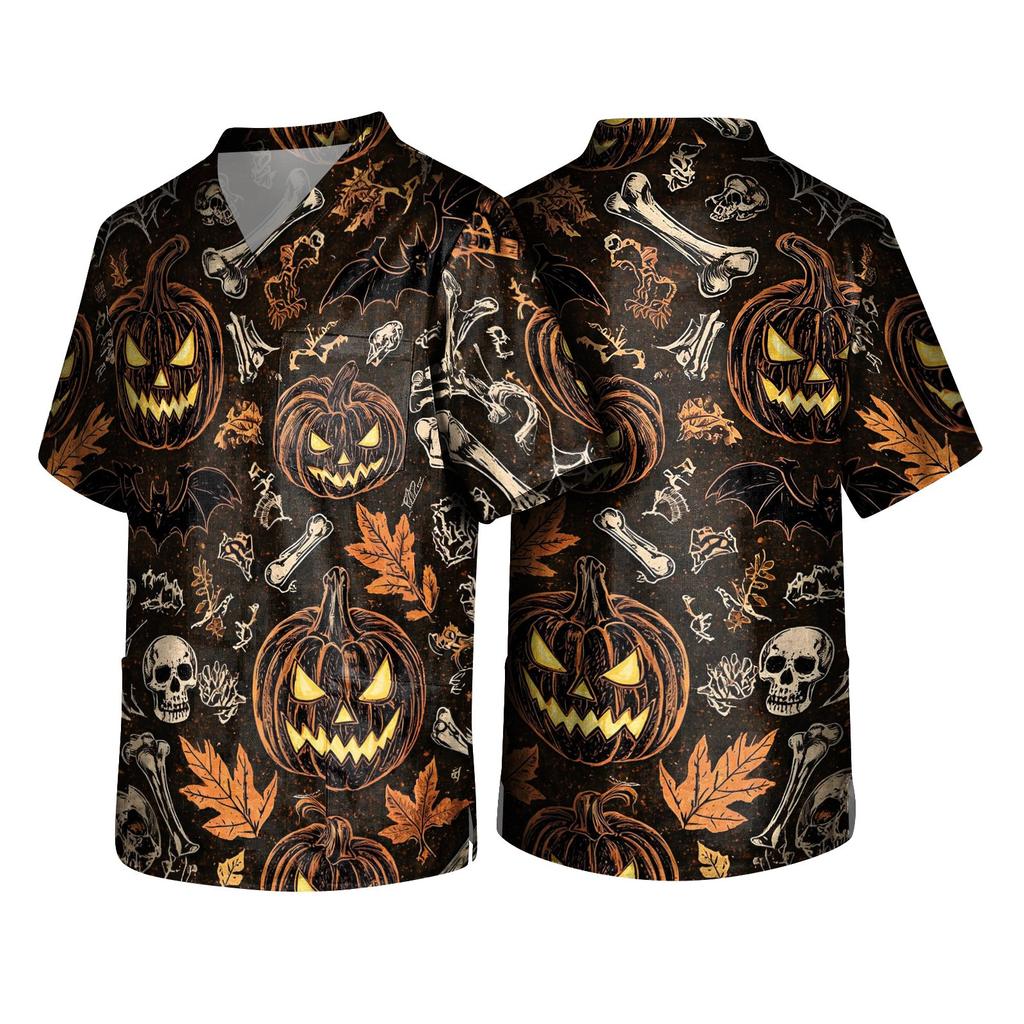 Men's Halloween Print V-Neck Scrub Top with Pockets Comfort Fit for Daily Work
