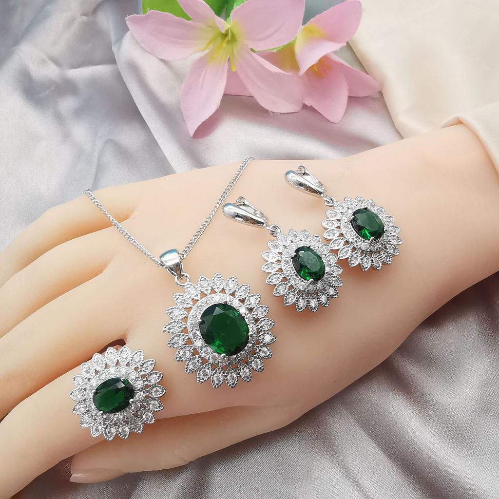 Fashion Jewelry Sunflower Zircon Necklace Earrings Ring Bracelet Set of Three.