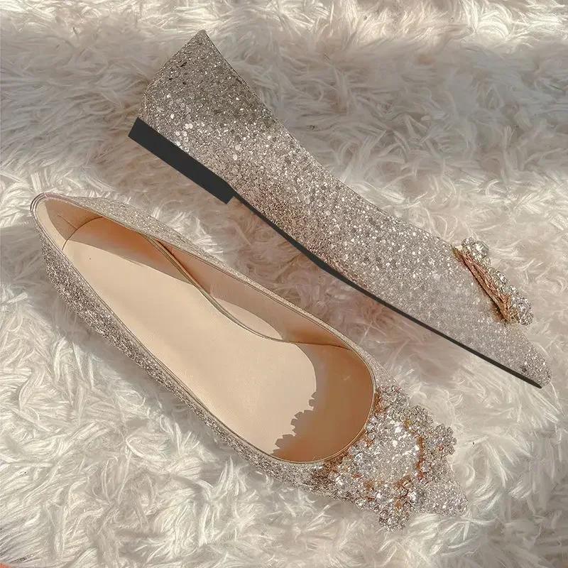 Wedding Shoes Woman Square Buckle Crystal Pointed Toe Flats Glitter Shallow Slip On Comfy Loafers Bling Bling