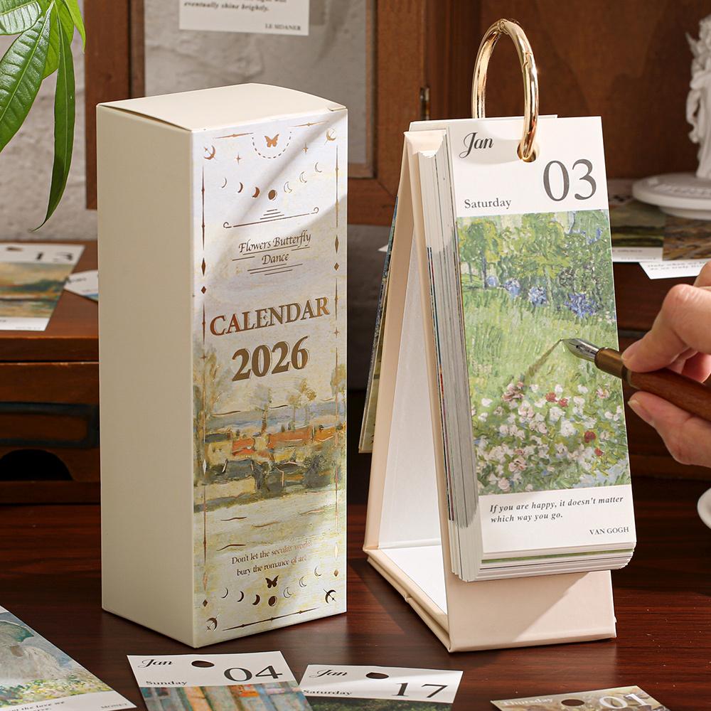 Small Desk Calendar 2026, Standing Flip Calendar, Vintage Desk Calendar with Golden Ring Binding - 365-Day Planner with Monthly
