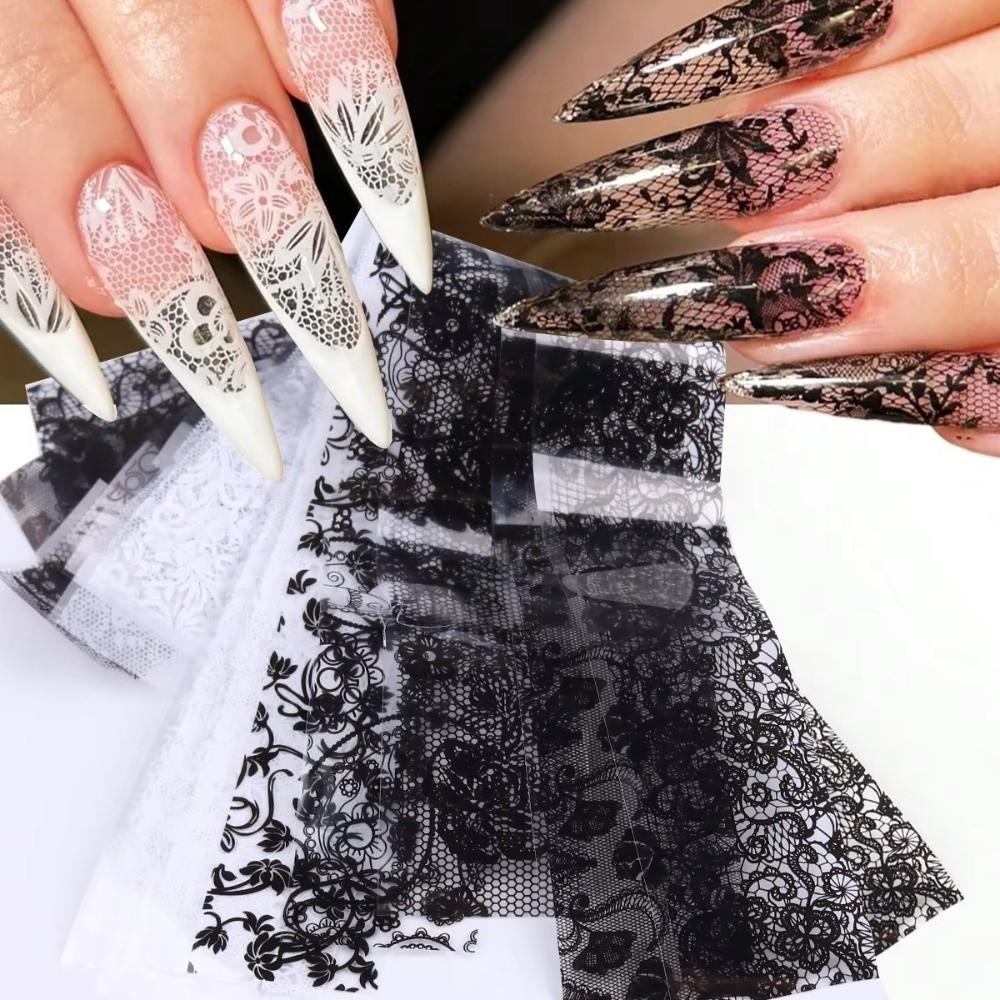 Lace Design Nail Foils Stripe Pattern Black White Nail Stickers Leopard Print Sequin Effect Nail Decorations Manicure DIY