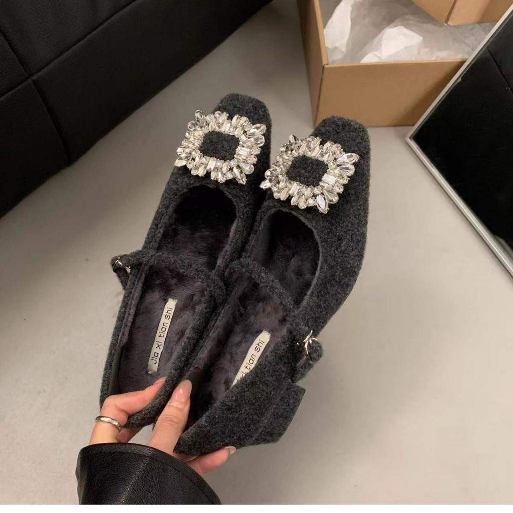 French Low-heeled Black Evening Single Shoes Women's Shoes 2025 Autumn and Winter Rhinestone Square Head Plush Mary Jane Fluffy Shoes