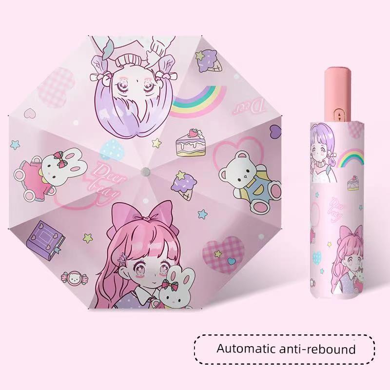 Strawberry Rabbit Safety Anti-Rebound Kids Umbrella Primary School Girls Rain and Rain Dual-Use School Dedicated Foldable Self-Opening Umbrella