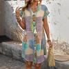 Sommer V-Ausschnitt Geometrischer Druck Knopfleiste Kleid Große Größe Kurzarm Freizeitkleid Elegant Locker Damenmode Einfach Streetwear Revers Kleidung