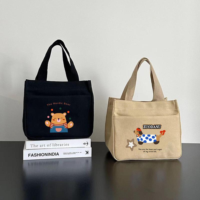 Cartoon Printed Canvas Versatile Handbag Commuting Office Worker Lunch Bento Tote Bag