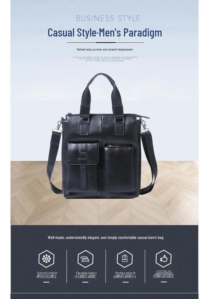 Men's Genuine Leather Vertical Business Briefcase - Top Layer Cowhide Computer Tote Bag