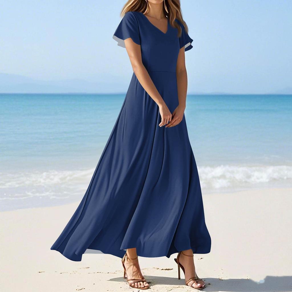 Women's Summer Casual Fashion Solid Color Dresses V-Neck Short Sleeve Dresses