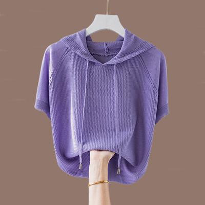 Kurzärmliges Sommer-Kapuzensweatshirt aus Eisseide für Damen, dünner Kapuzenpullover in Übergröße, Überstrickpullover